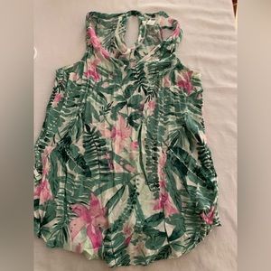 Green pink flowers floral tropical Hawaiian tank top rayon small Euc